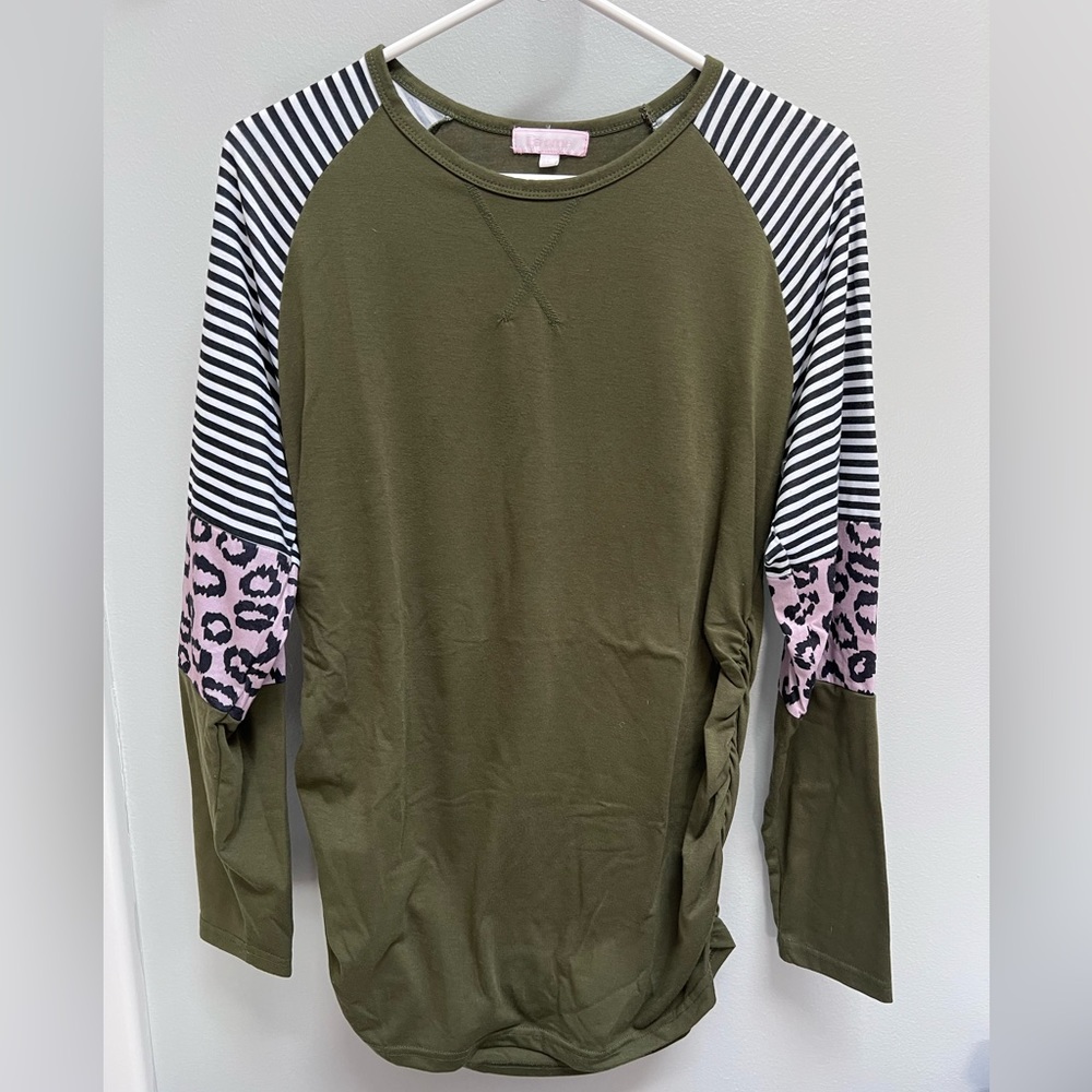 Olive green maternity top with stripe & leopard print detail on sleeves